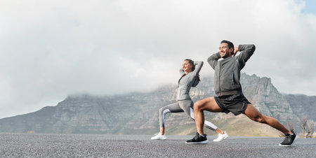 Exercise, mockup and couple workout and stretch together outdoors in nature by a mountain for health, wellness and fitness. People, partners and athletes training and keeping fit and heathyの写真素材
