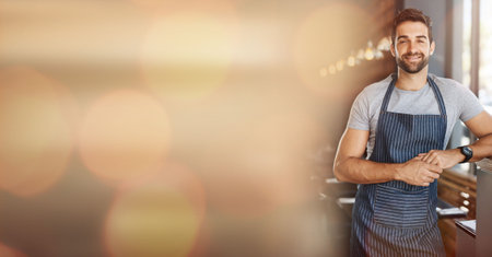 Small business, cafe owner and portrait of man with mockup and confident smile in restaurant startup...