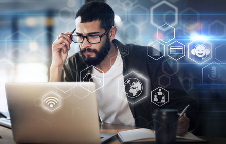 Business man, futuristic and icons with laptop and digital transformation, information technology...