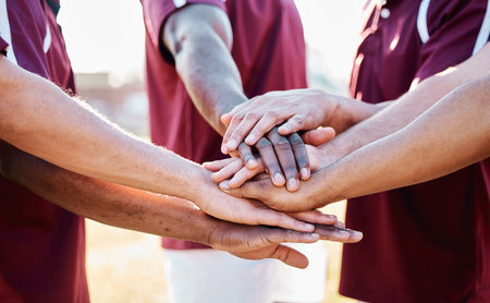 Hands, sports and collaboration in trust, unity or partnership together in solidarity for...