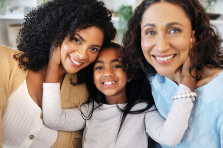 Selfie, portrait and happy with generations of family for social media, bonding and support. Girl,...