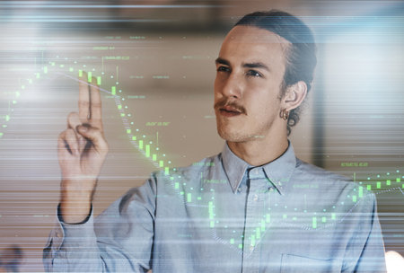 Businessman, statistics overlay and night in office for financial goal, progress or market analysis for future. Man, 3d hologram chart or hands for growth, profit or data analytics for fintech visionの写真素材