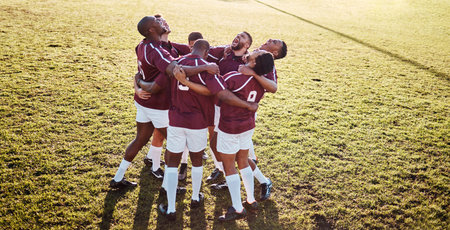 Sports, field and team in a huddle with motivation, strategy and coordination after training....