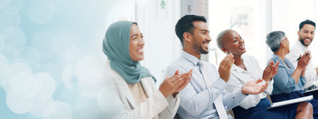 Diversity, business people and applause presentation, employee support and happiness in office....