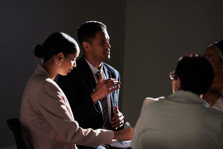 Business people, meeting and leader with idea, goal or vision for startup, company or integration in office. Partnership, planning and collaboration by team in innovation, strategy or negotiationの写真素材