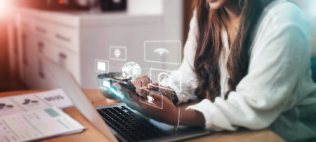 Business woman, phone or networking hologram in cafe on marketing app, advertising planning or...