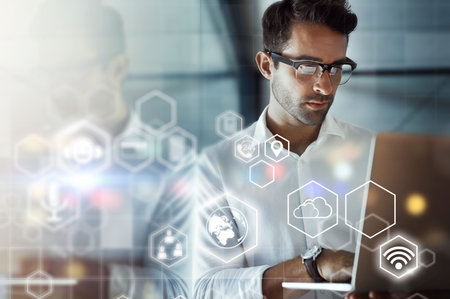 Business man, global network and hologram with laptop and digital transformation, information...