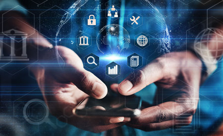 Phone app hologram, man hands and digital data display of information technology on mobile. Erp...