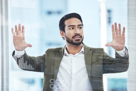 Overlay, graphs or business man for futuristic invest chart, data analysis or stock market trading in office. Finance worker or financial advisor on technology planning cryptocurrency hologram AI appの写真素材