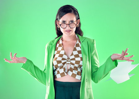 Confused, anger and portrait of a teacher with paper isolated on a green background in a studio. Anxiety, tired and trendy woman with edgy and fashionable style throwing paperwork while frustratedの写真素材