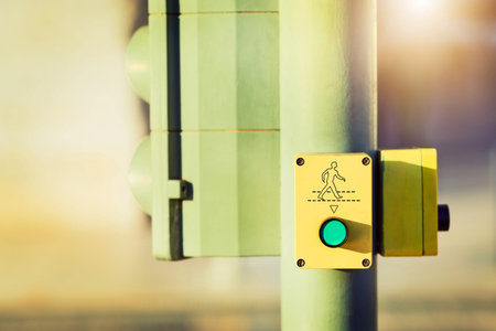 Safe to cross. a pedestrian crossing button on a traffic light.