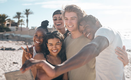 Friends group, selfie and diversity at ocean for bonding, love or care with black man, women and happy. Young student vacation, spring break or profile picture on social network ui in summer sunshineの写真素材