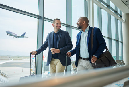 Travel for business, team at airport and men, catch flight for work trip with conference or training...