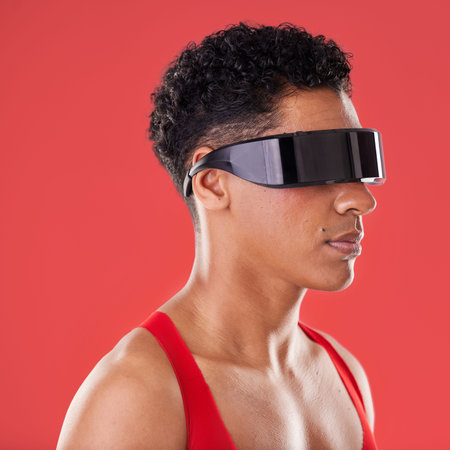 Metaverse, virtual reality and black man with glasses for ai and future scifi and 3d gaming tech....