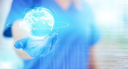 Woman, doctor and hands in 3D globe hologram for future healthcare, life insurance or innovation on...