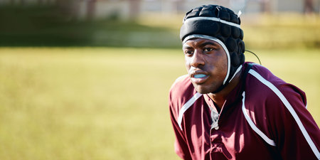 Sports, rugby and male athlete on field playing or training for game, competition or match. Fitness,...