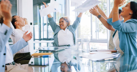 Business, celebration and team throw money in air for profit, bonus or success achievement....