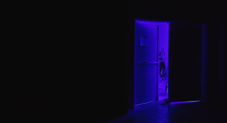 Hacker, hide or neon in night coding, web 3.0 programming or phishing software mock up in off grid...