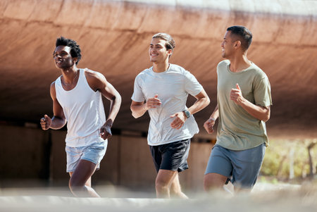 Fitness, running and friends in a city for training, exercise and marathon practice on urban...