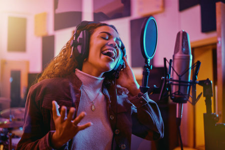 Recording, music and woman singing in a studio for radio, song production and rehearsal. Creative,...