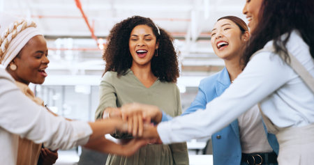Motivation, hands and business women in a meeting, team building and startup collaboration....
