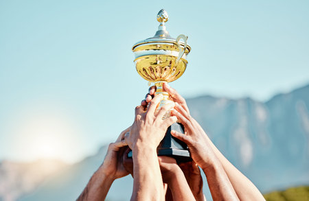 Sports, champion and hands of team with trophy for achievement, goal and success together....