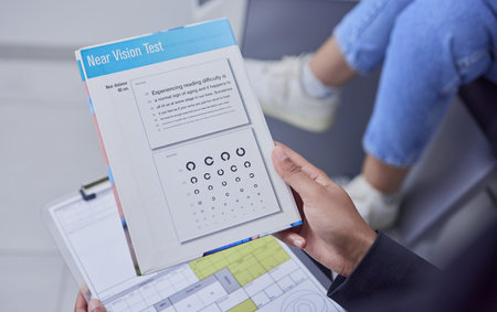 Optometry, consulting and hand with a vision test, document and paper for an eye exam. Consultation,...