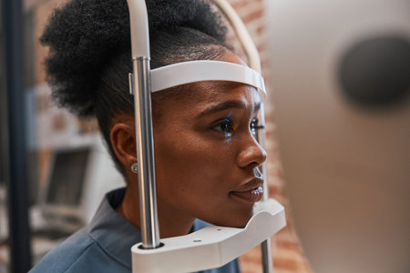 Optometry, healthcare and woman doing eye test at a clinic for optic wellness, health and vision....