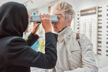 Optometry, ophthalmology and Islamic optometrist doing eye exam on senior woman or patient in Dubai for eyecare. Medical, doctor and muslin professional doing vision or eyesight examinationの写真素材
