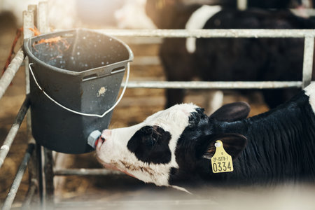 Breakfast is served. a carefree young cow eating some food in the morning outside on a farm during the day.の写真素材