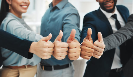 Thumbs up, success and group closeup or people winning, support or thank you hands or emoji. Yes,...