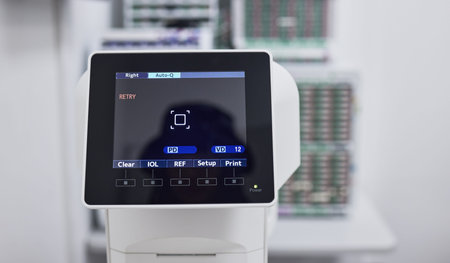 Optometry, healthcare and digital screen for eye exam with machine for vision test, eyesight and...