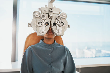 Optometry test, eye exam and black woman in clinic for testing, eyesight and optical assessment....