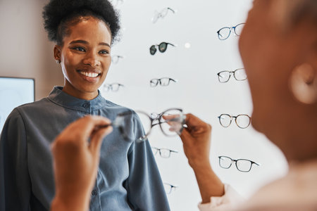 Glasses, black woman and retail customer with store worker and optician looking at lens. Eye consulting, smile and eyewear assessment in a frame shop for vision test and prescription exam for eyesの写真素材