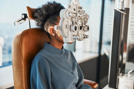 Healthcare test, eye exam and black woman in optometry clinic for testing, eyesight and optical assessment. Vision, optometrist consultation and patient with medical tool, phoropter and lens for eyesの写真素材