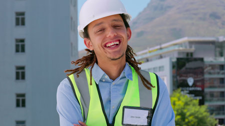Portrait, engineering or happy architect in city with smile on construction site planning real...