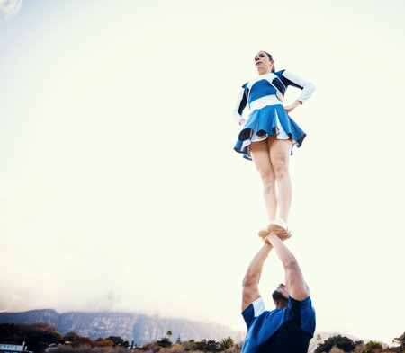 Cheerleading, sport lift and mockup outdoor for on cheer camp with exercise and fitness. Students,...