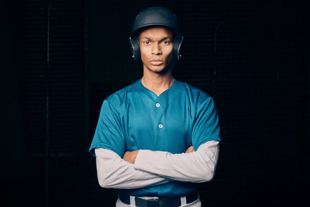 Sports, baseball and portrait of black man on dark background serious about game, practice and...