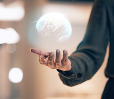 Globe, hologram and person hands for global networking, digital world overlay and futuristic...