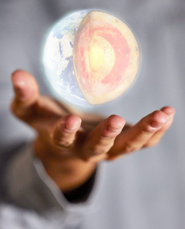 Globe hologram, earth and hands of woman with 3d digital model for global warming mockup. Science anatomy, holographic planet and futuristic illustration for geography, geology layer and world sphereの写真素材