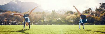 Sport women, cheerleader team and performance outdoor for fitness, training and handstand workout....