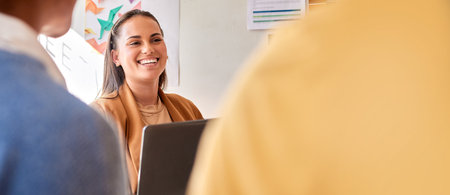 Planning, meeting and smile of business woman in leadership, laptop strategy and talking in startup on mockup. Happy female manager in discussion with team of project workflow, development and ideasの写真素材