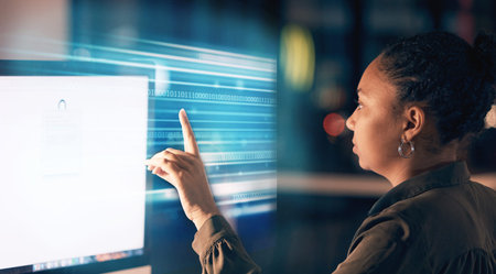 Computer, hologram and woman in the office with a user interface for research or cyber networking....