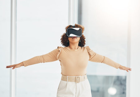 Virtual reality, futuristic goggles and black woman with arms raised for interactive, user interface...