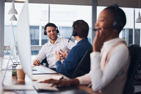 Call center, telemarketing and employees talking, customer service and explain system in office....