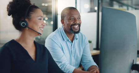 Call center, black man and training woman, telemarketing intern and crm customer service consultant...