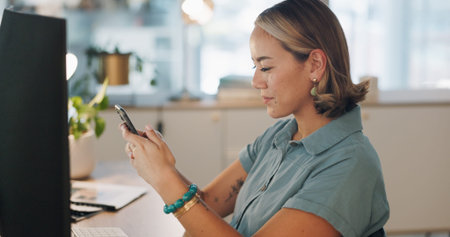 Phone, social network or business woman in office for comic social media, networking or comic blog...