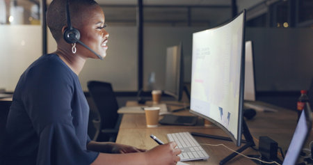 Customer support, night and tired call center consultant on contact us CRM, telemarketing sale or...