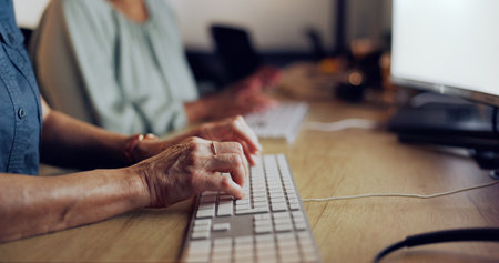 Computer keyboard, night and hands of woman typing feedback review of financial portfolio, investment or stock market. Economy, online and crypto trader research forex, bitcoin mining or nft tradingの写真素材