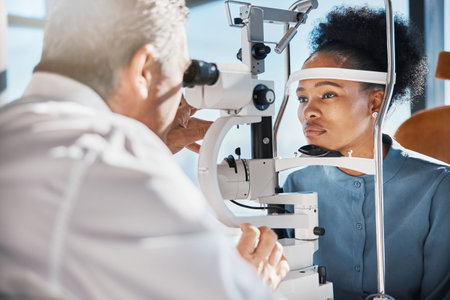 Help, eye exam or black woman consulting doctor for eyesight at optometrist or ophthalmologist. African customer testing vision with mature optician checking iris, glaucoma or retina visual healthの写真素材